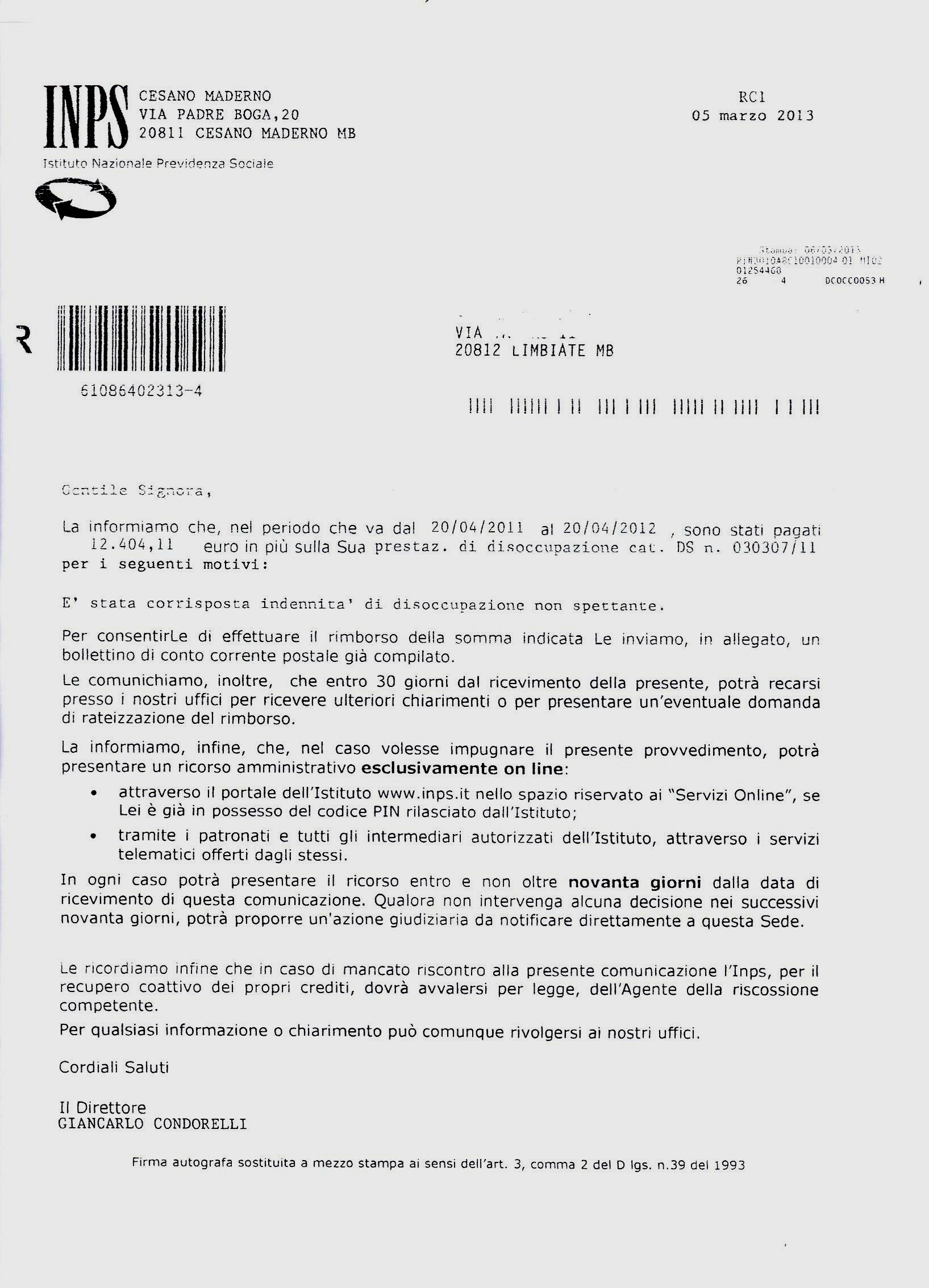 Fac simile di lettera all'inps