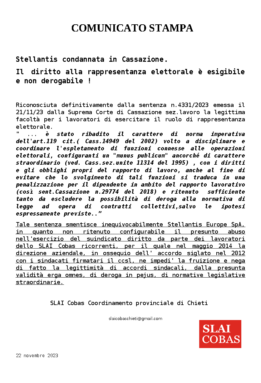 sentenza cassazione sevel permessi elettorali