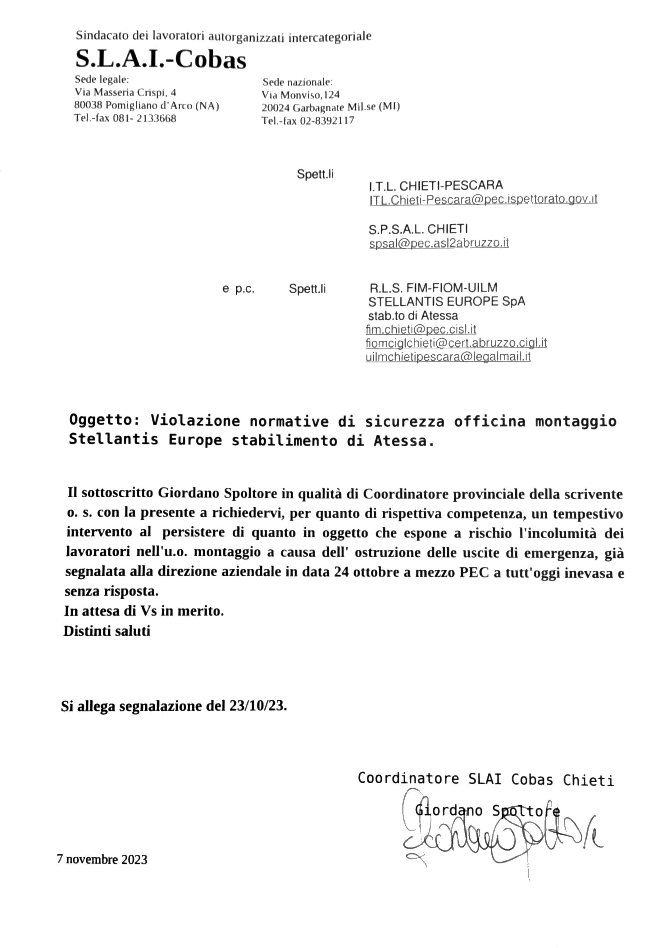 violazione normative di sicurezza stellantis europe atessa 7novembre 2023